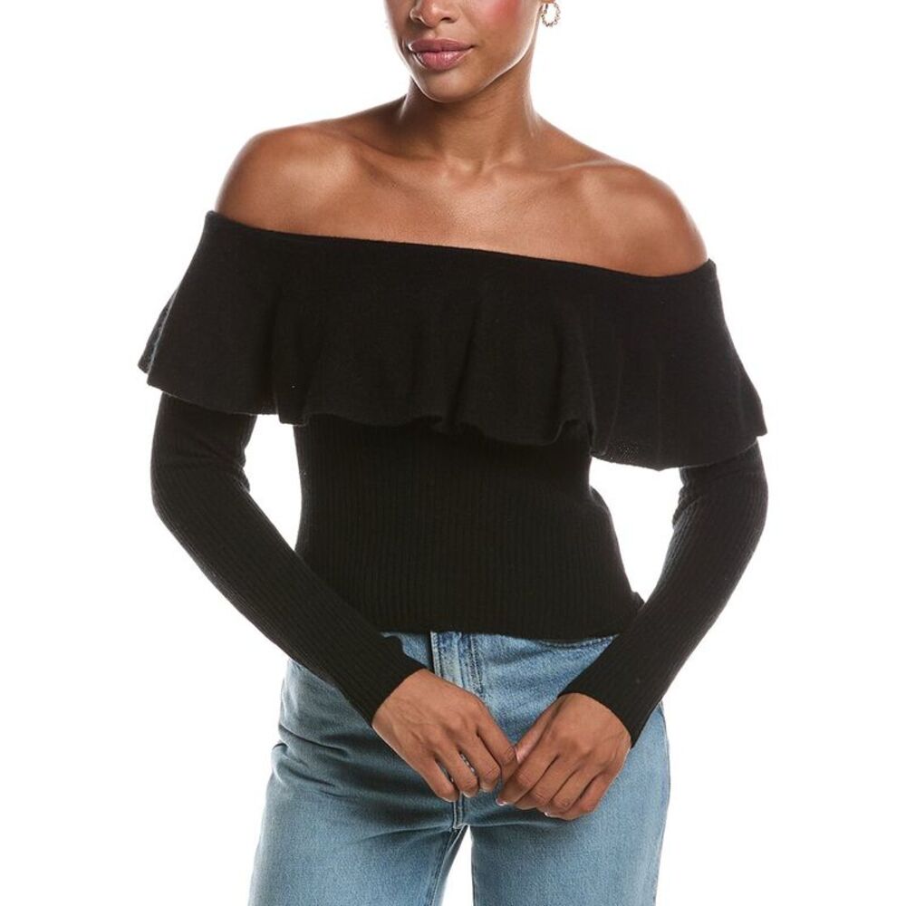Autumn Cashmere Womens  Rib Off The Shoulder Ruffle 100% Cashmere Sweater, Black